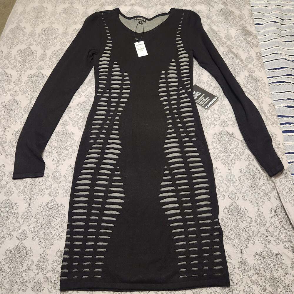 Express Black Long Sleeve Ladder Cutout Knit Bodycon Dress